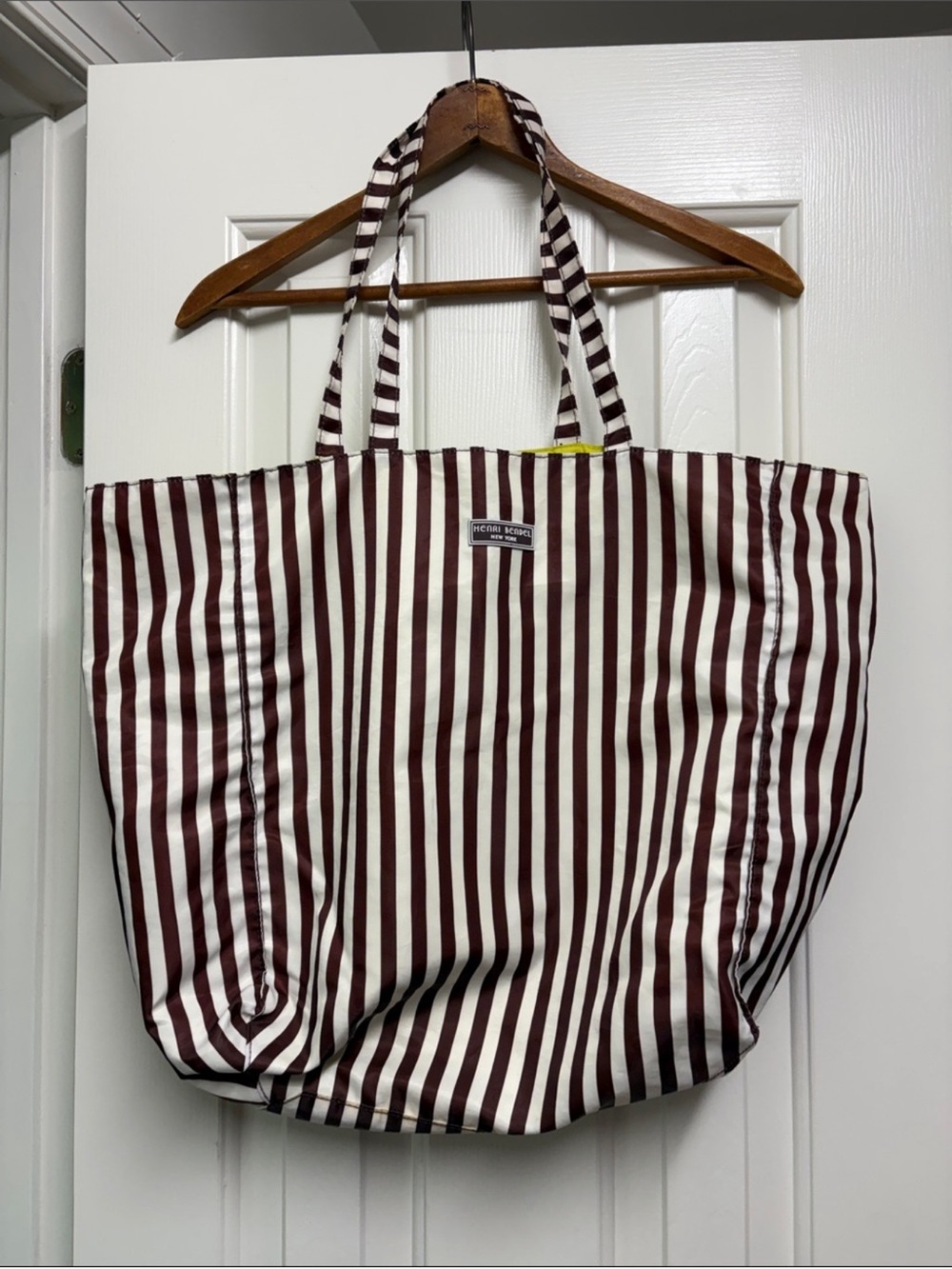 Henri Bendel Signature Brown & White Stripe Nylon Tote Bag w/Lime Green Lining